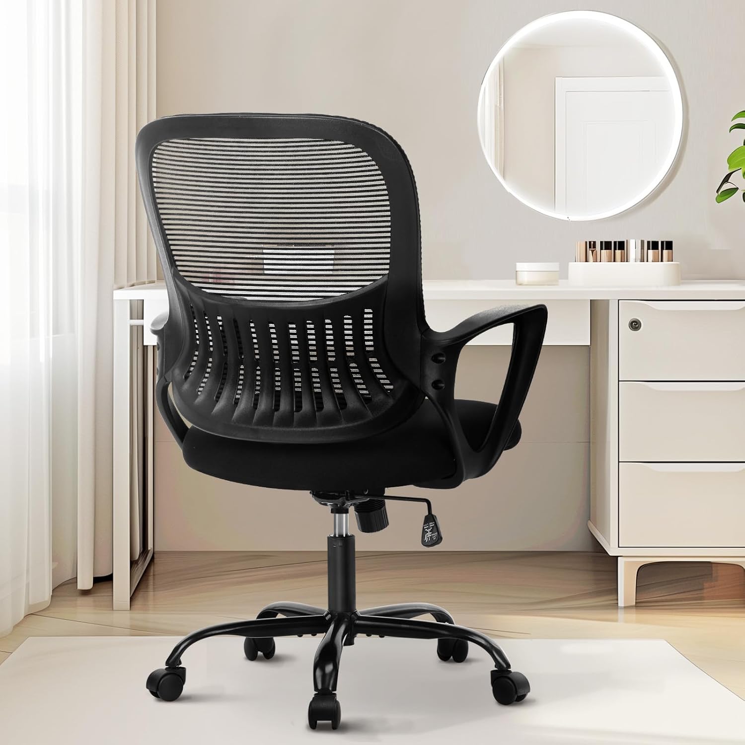 Sweetcrispy Office Computer Desk Managerial Executive Chair, Ergonomic Mid-Back Mesh Swivel Rolling Work with Wheels, Comfortable Lumbar Support, Comfy Arms for Home,Bedroom,Study,Student,Black